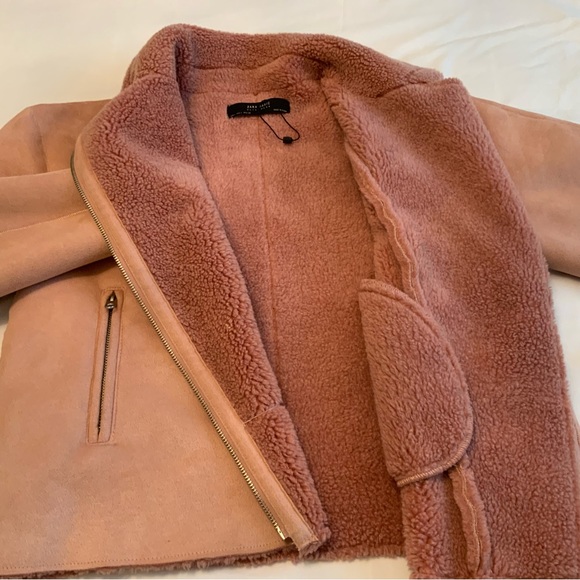 Zara Faux Suede Shearling Winter Moto Jacket Size L - Picture 8 of 9